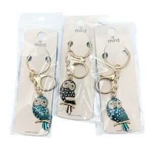 Set of 3 Owl Keychains in Teal &  Black Gold trim and intricate detail designs